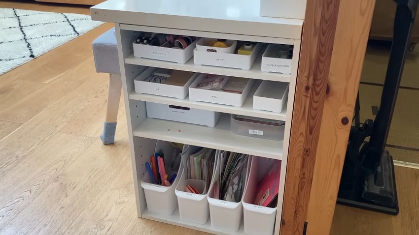 棚板を追加して底の浅いケースを引き出し風に配置したカラーボックス