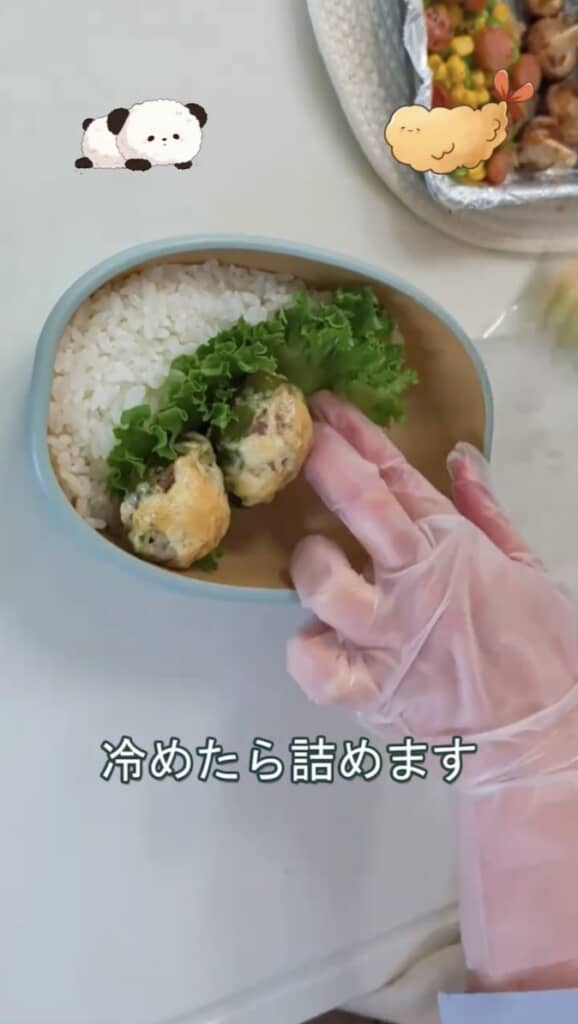 おかずが冷めたら弁当箱へ。盛り付けのセンスも抜群