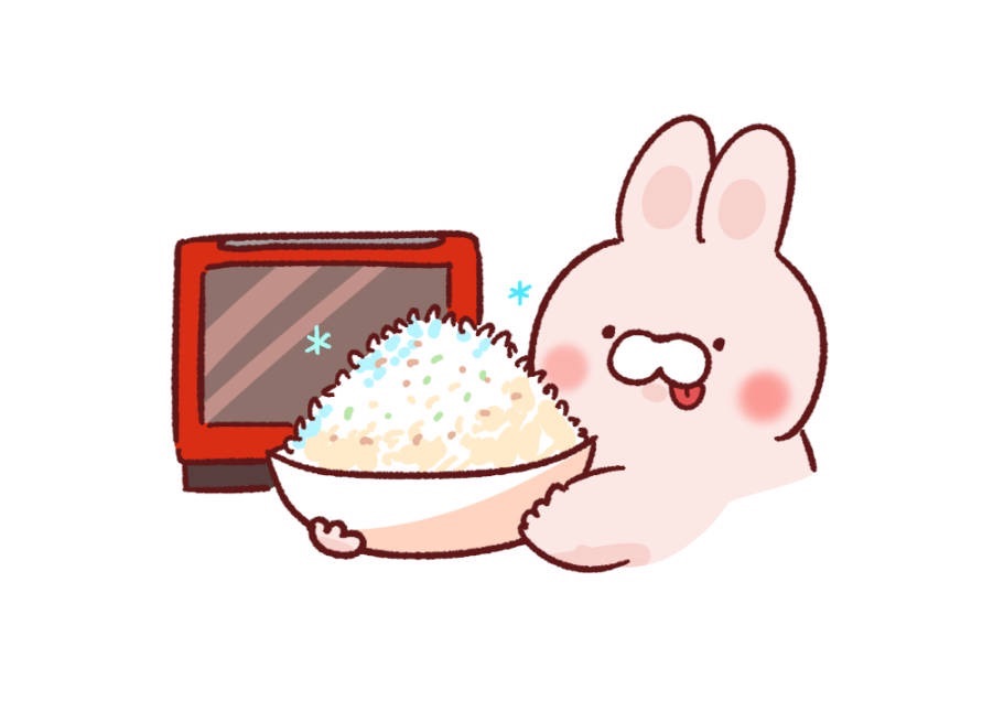電子レンジの前で山盛りご飯の茶碗を抱えるうさぎのイラスト