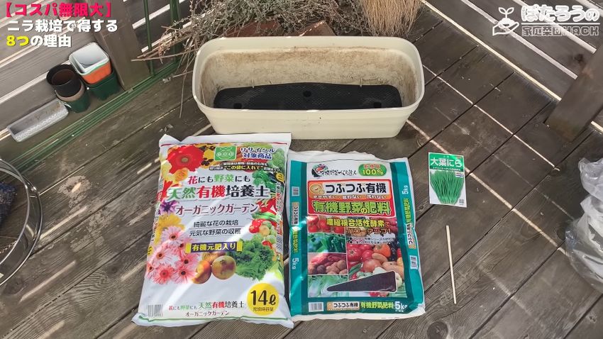 ニラの種をまくために用意した道具と材料