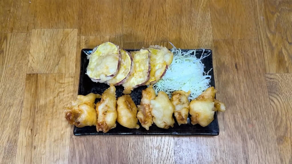 オニダルマオコゼとサツマイモの天ぷらの完成です