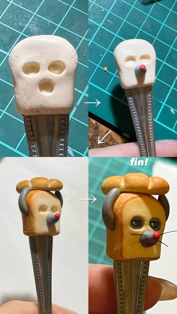 スプーンの尻に粘度を固めてくぼませて焼いて塗装して……