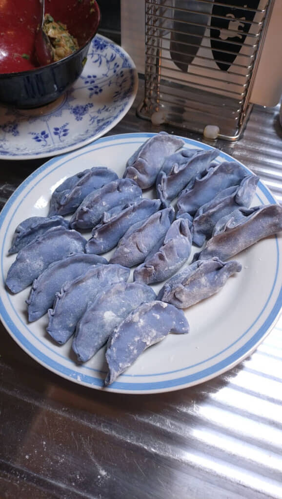 青く染まったバタフライピーギョーザ。仮説通りに変色するのか……？