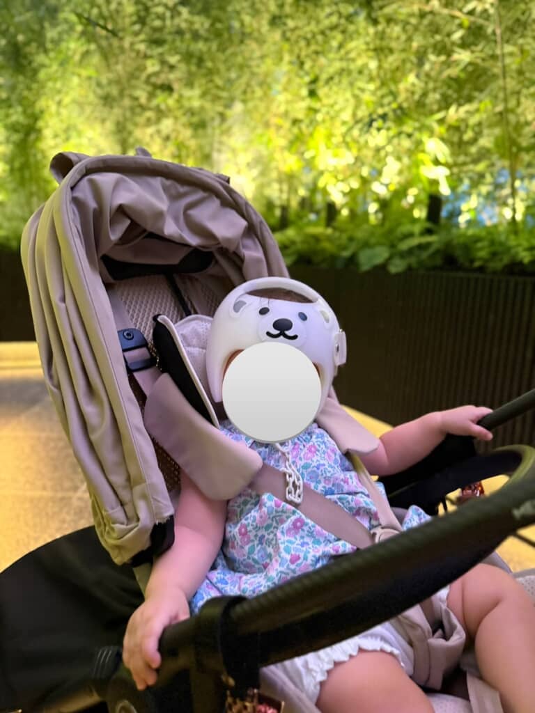 シロクマの顔が描かれたかわいいヘルメットを使用