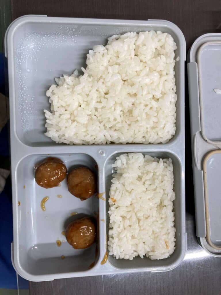 ミートボール3つと白米しか入っていないお弁当