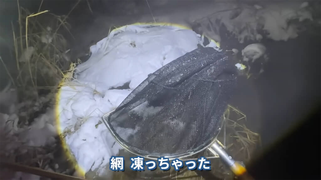 水から出した網がすぐに凍る気温の中
