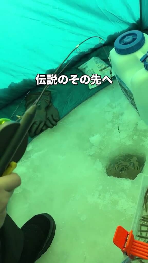 釣り竿を引いて食いついた何かを釣り上げようとする
