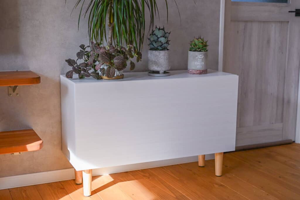 白いキャビネットと観葉植物のある部屋