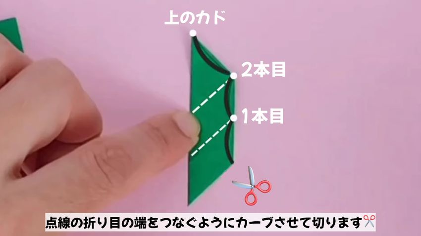 折りたたんだ紙の3カ所をカーブを描きながら切る