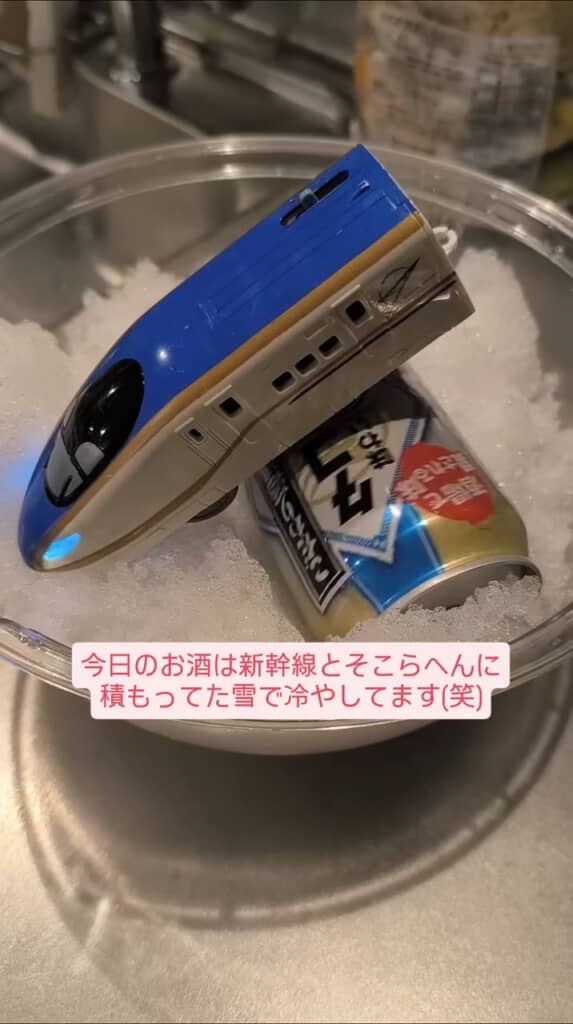 プラレールの駆動輪と缶チューハイ、そのへんの雪を組み合わせて……