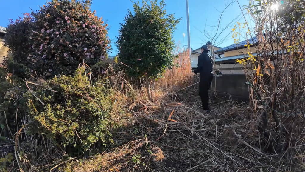 ブロック塀にそって刈っていく