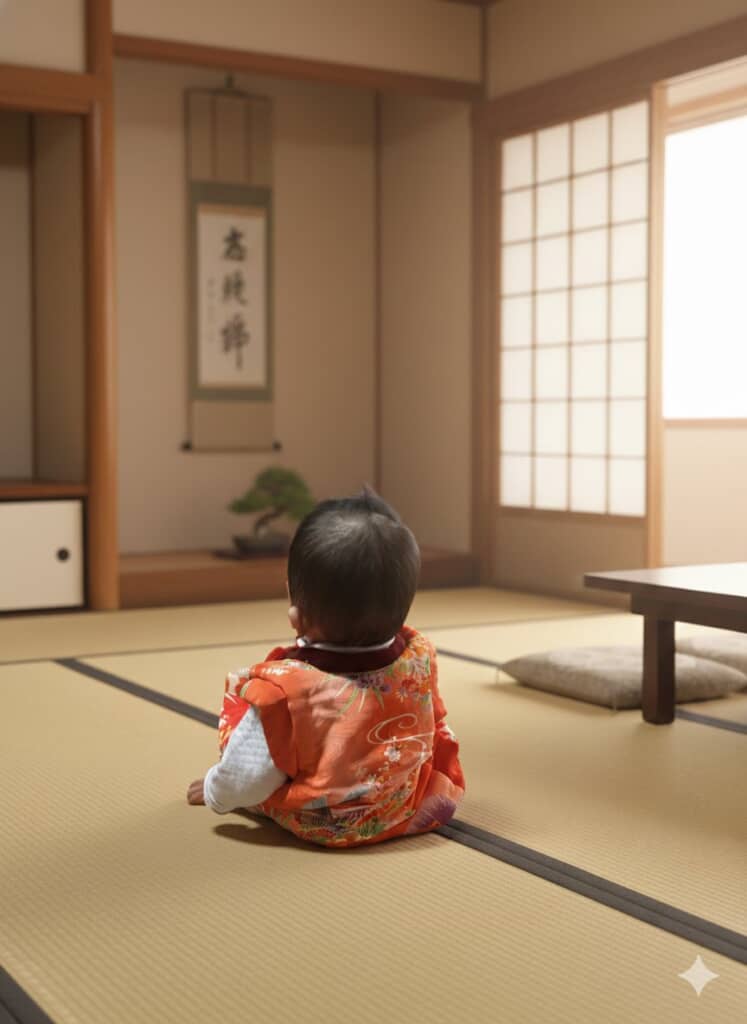 2世代に引き継がれた、ひいおばあさんの手作りちゃんちゃんこ。背景がCGっぽいのは、ごちゃごちゃしていた周囲をAIで修正したためだそうです