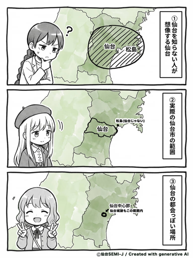 仙台の範囲イメージを漫画風に説明した地図図解