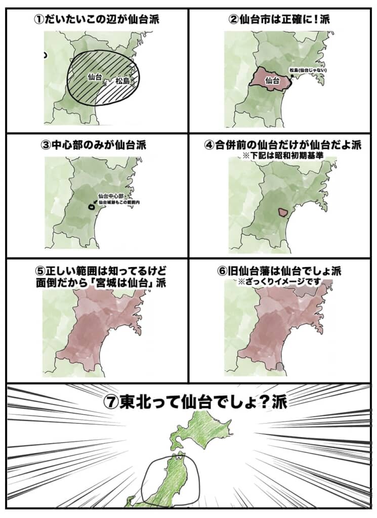仙台の範囲認識の違いを7種類で示した図解