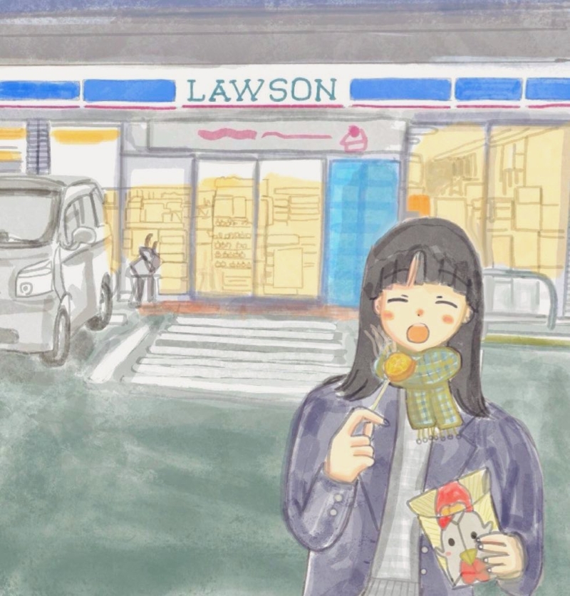 ローソンの前で嬉しそうにからあげくんを食べようとしている女性