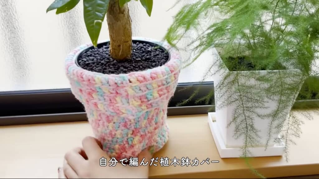 植木鉢にもこもこした手編みのカバーをかけました