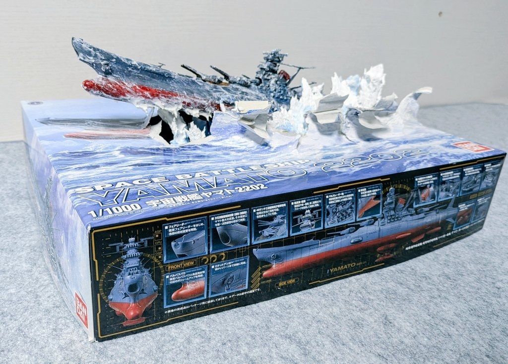 水の中からプラモデル製ヤマトが飛び出てきたかのようなボックスアート