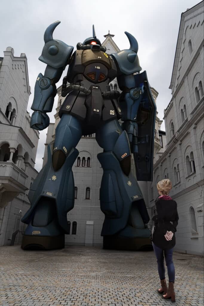 ハモンのコスプレをした投稿者とグフのプラモデル、白鳥城を合成した写真