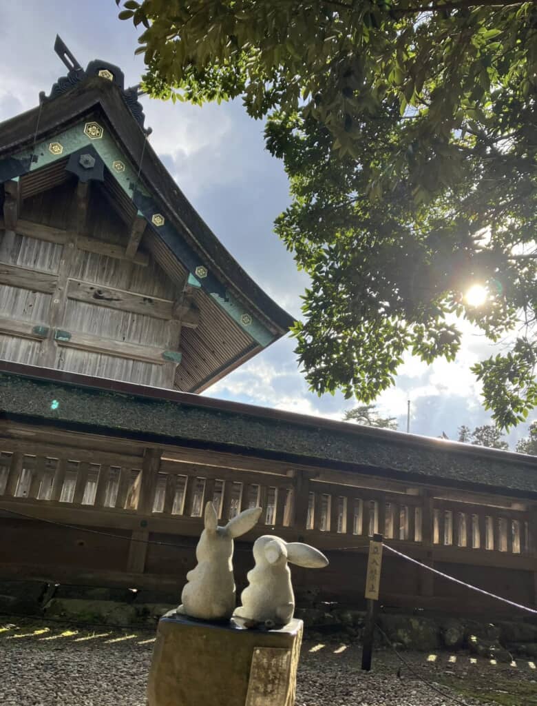 木漏れ日の中の神社社殿とうさぎ石像