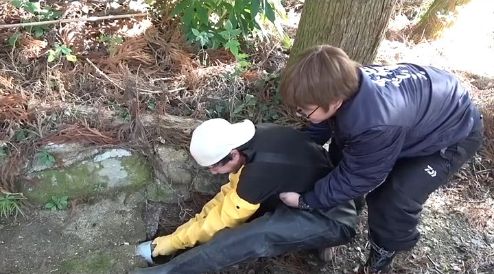 童話のごとく2人でうんとこしょ、どっこいしょ。それでも木の根は抜けません