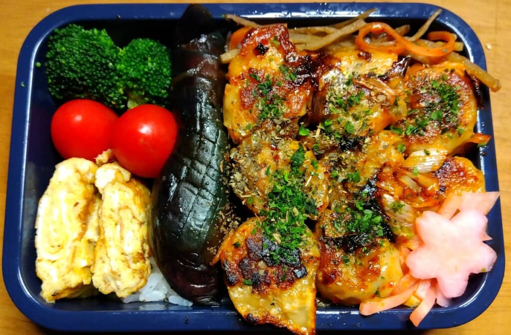 ナスや肉が豊富に入ったお弁当