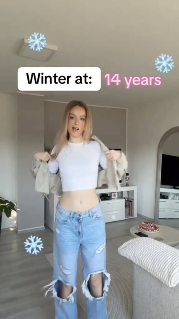 14歳の冬のファッション。まるで寒さを気にしていない服装からは、10代のありあまる体力が伝わってくるようです