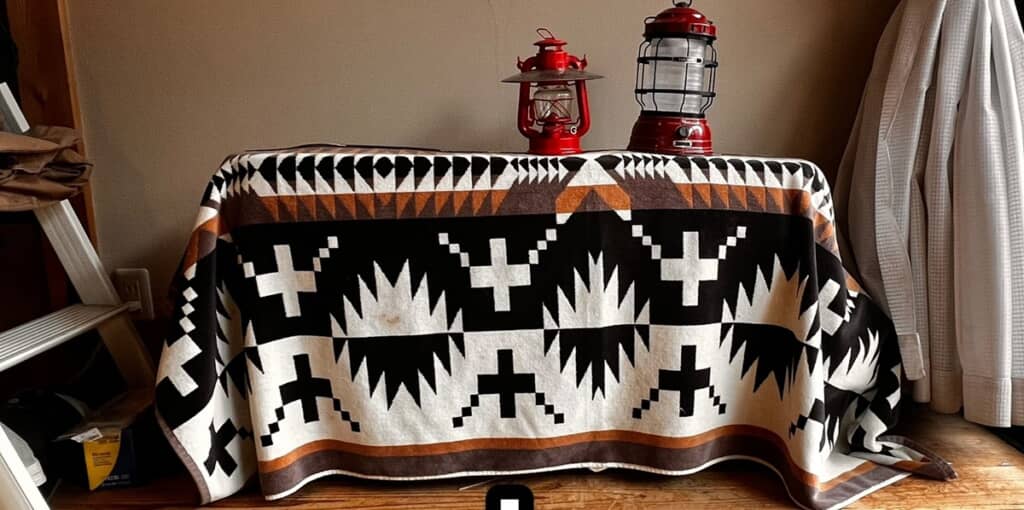 模様付きの布がかぶせてある物置用の台