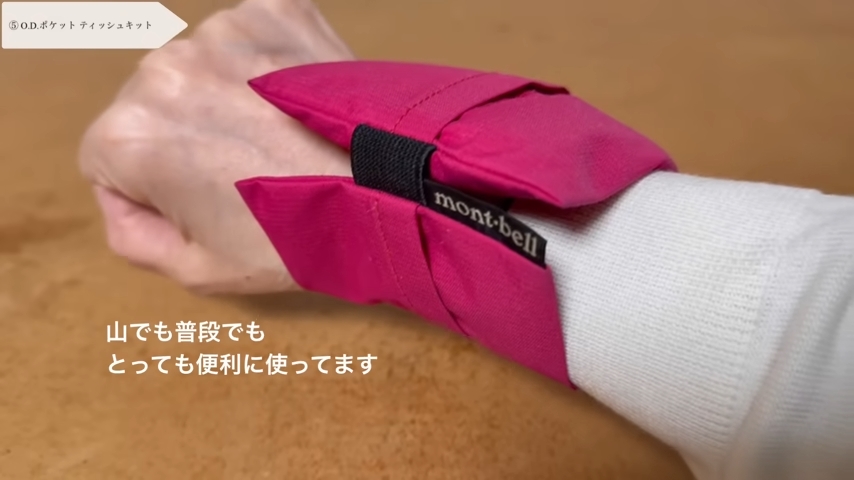 O.D.ポケット ティッシュキットに手首をはめている