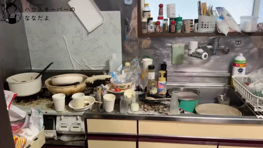 調理器具や調味料が出しっぱなしで、残った料理もそのままで散らかった状態でした