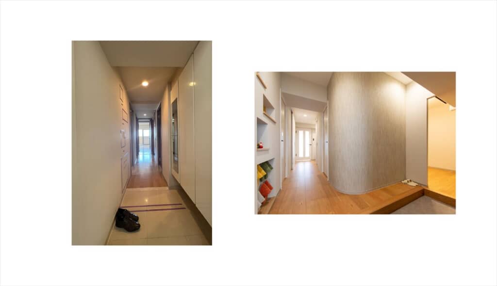 リノベ前は一般的なマンションの玄関、リノベ後はニッチやアールの壁でおしゃれに