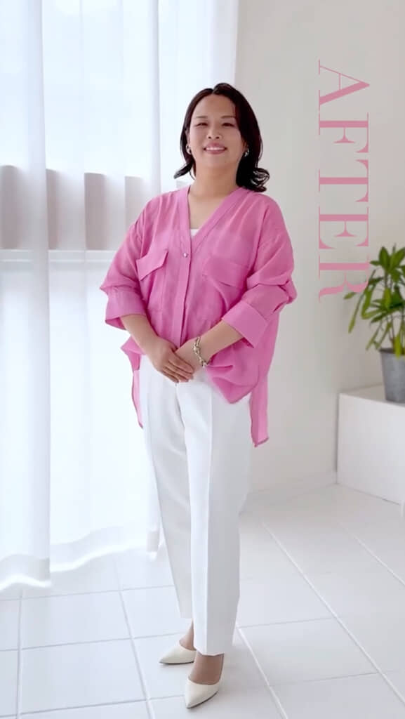 ピンクのトップスが主役のコーデ