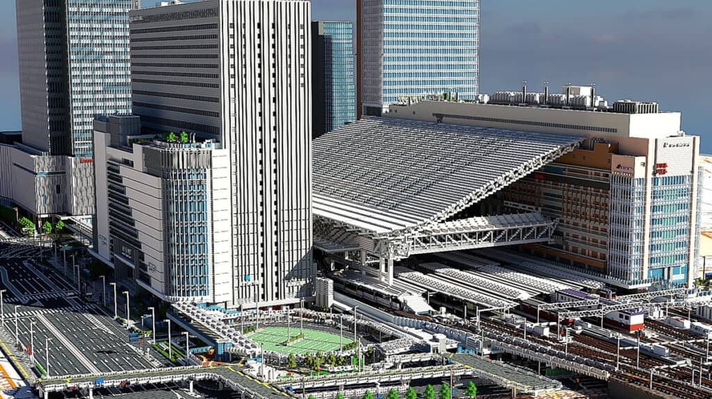 マインクラフトで再現した大阪駅と周辺環境