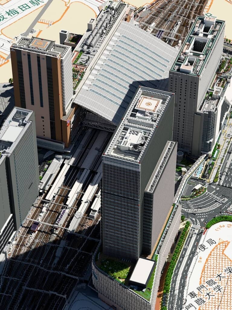 マインクラフト版・大阪駅を上空から捉えた画像