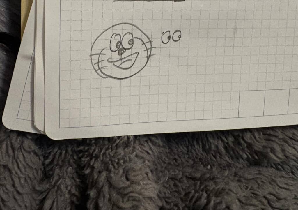 方眼ノートに手書きされた猫のようなキャラクターの顔のイラスト