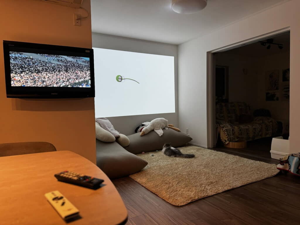 プロジェクターで動画を楽しんでいるのは……