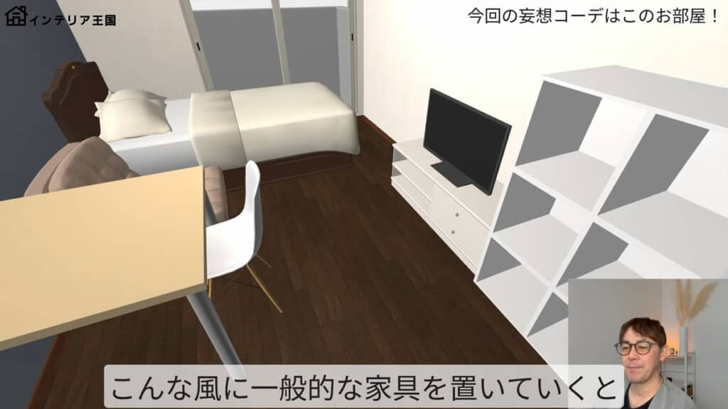 一般的な家具を配置した結果、ぎゅうぎゅう詰めになってしまった6畳1K