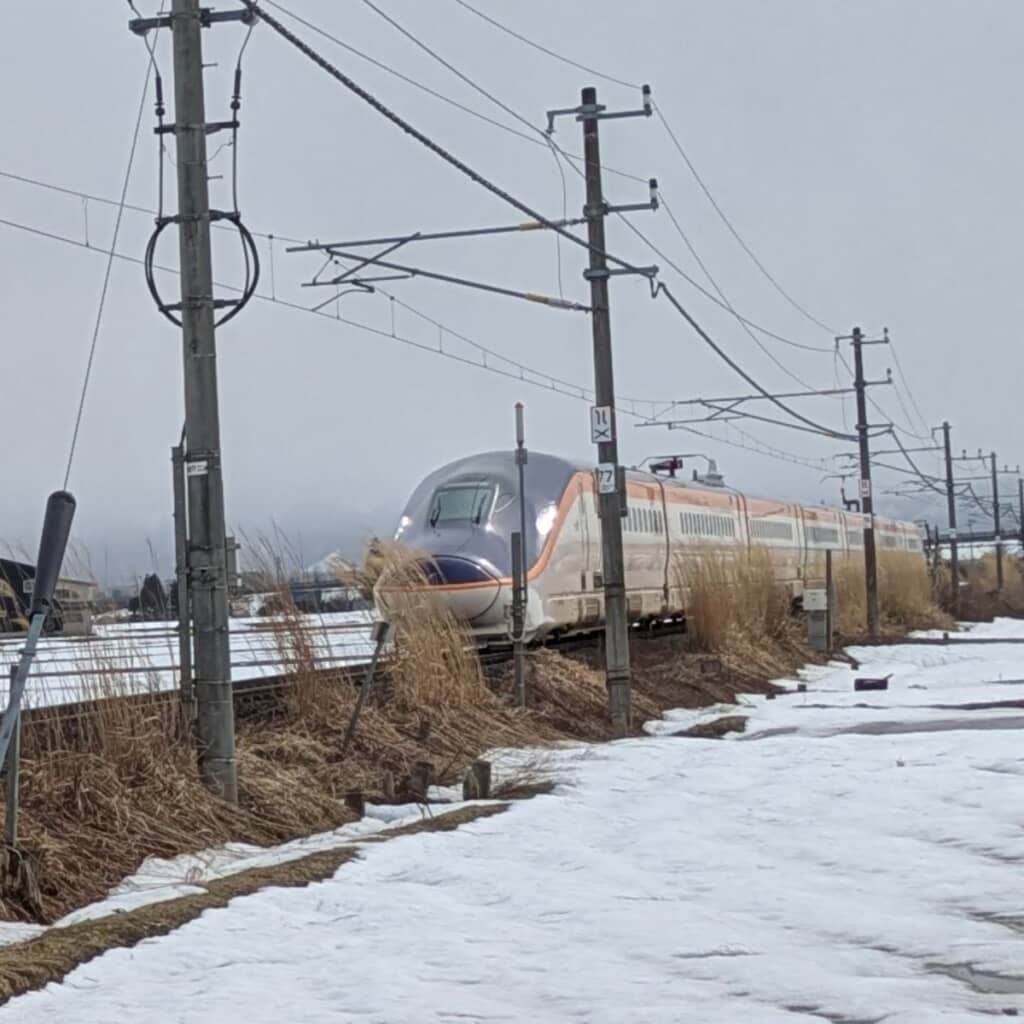 雪に覆われた田んぼをバックに走行する山形新幹線・つばさの写真