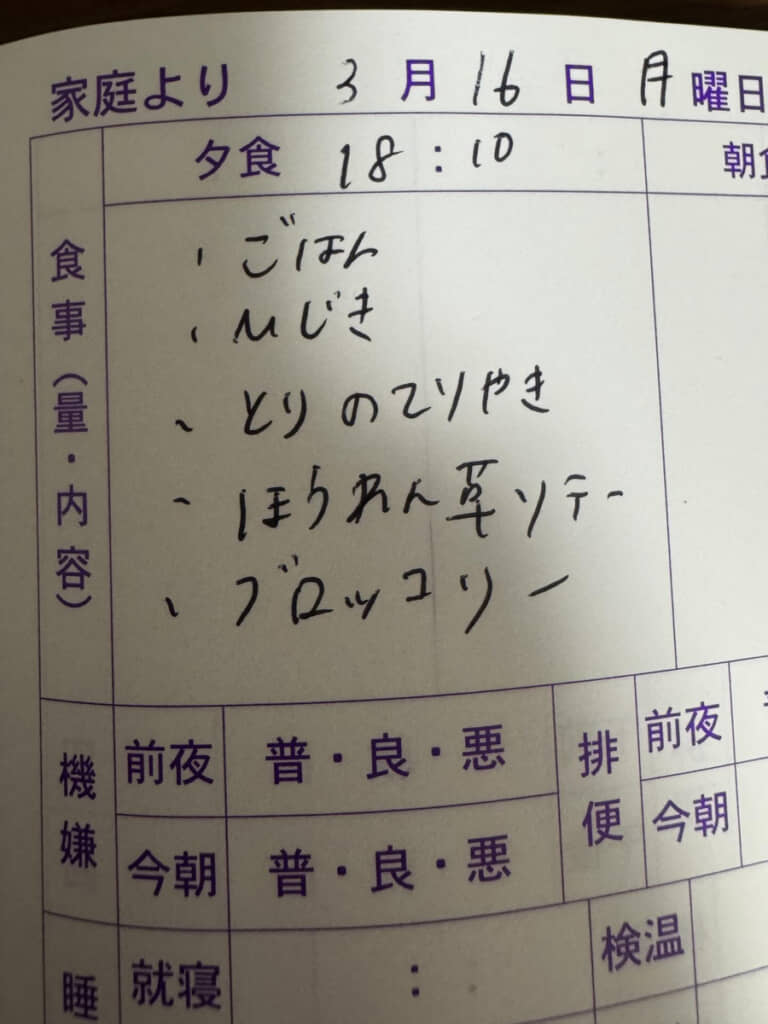 頑張って何品も用意したように見える連絡帳