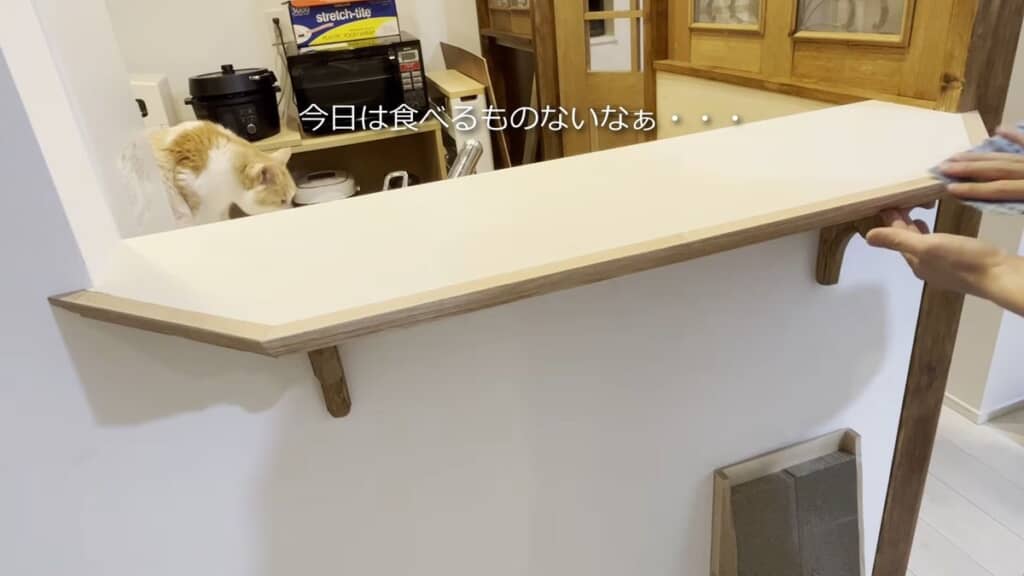 猫用の台を作る投稿者と近くにいる猫