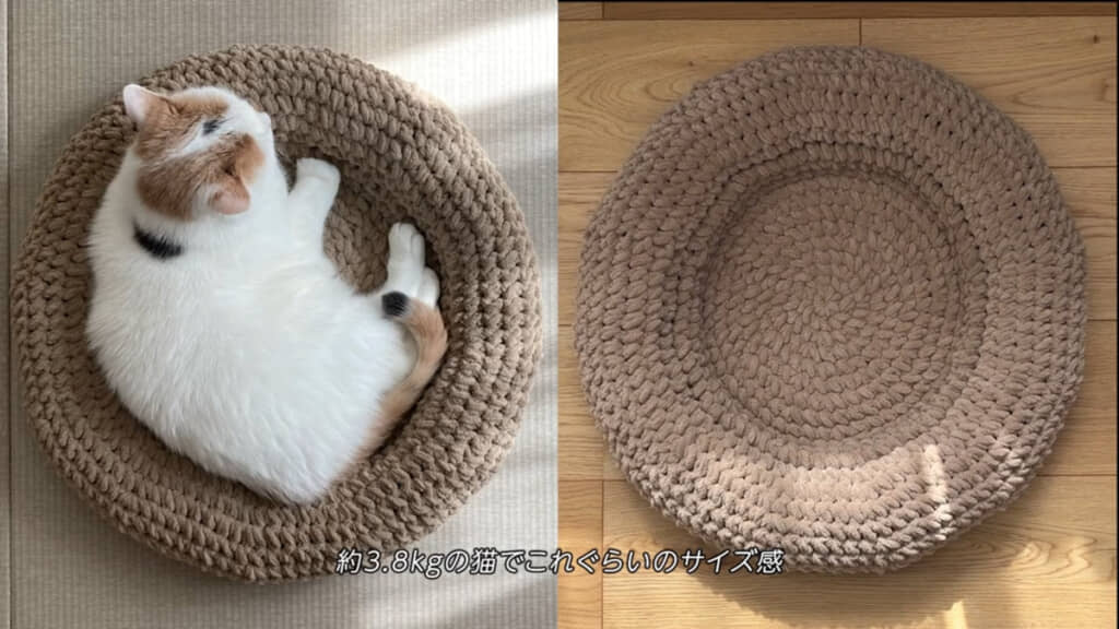コースターの作り方（参考：@houseofjiwon）をアレンジして、愛猫用のベッドまで作っています