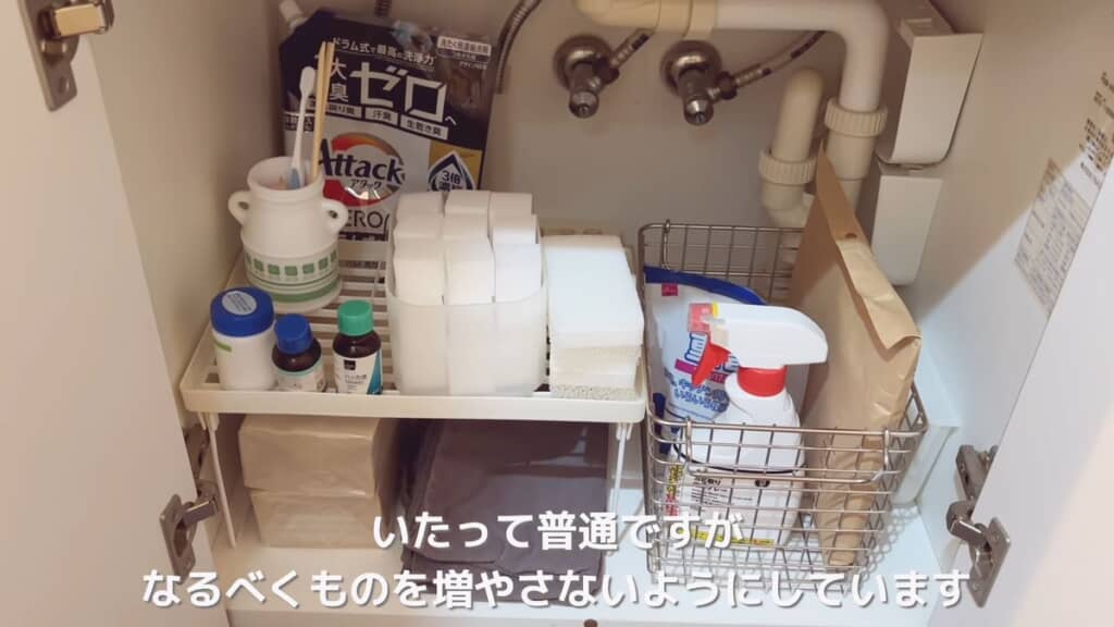 洗剤やスポンジのストックを入れてある洗面台下の収納