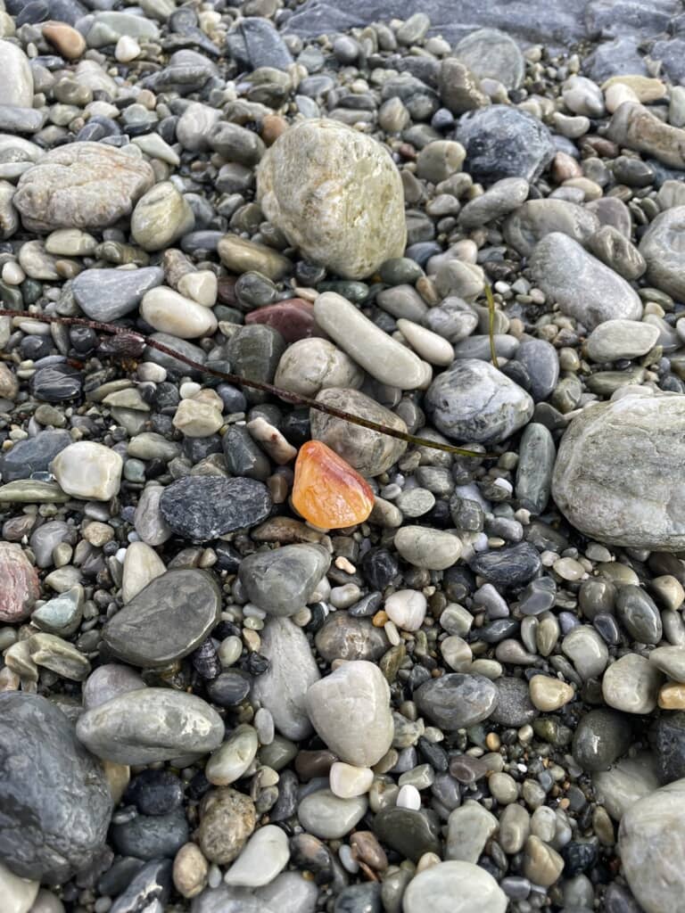 海岸で他の石と一緒に転がっているオレンジ色の石