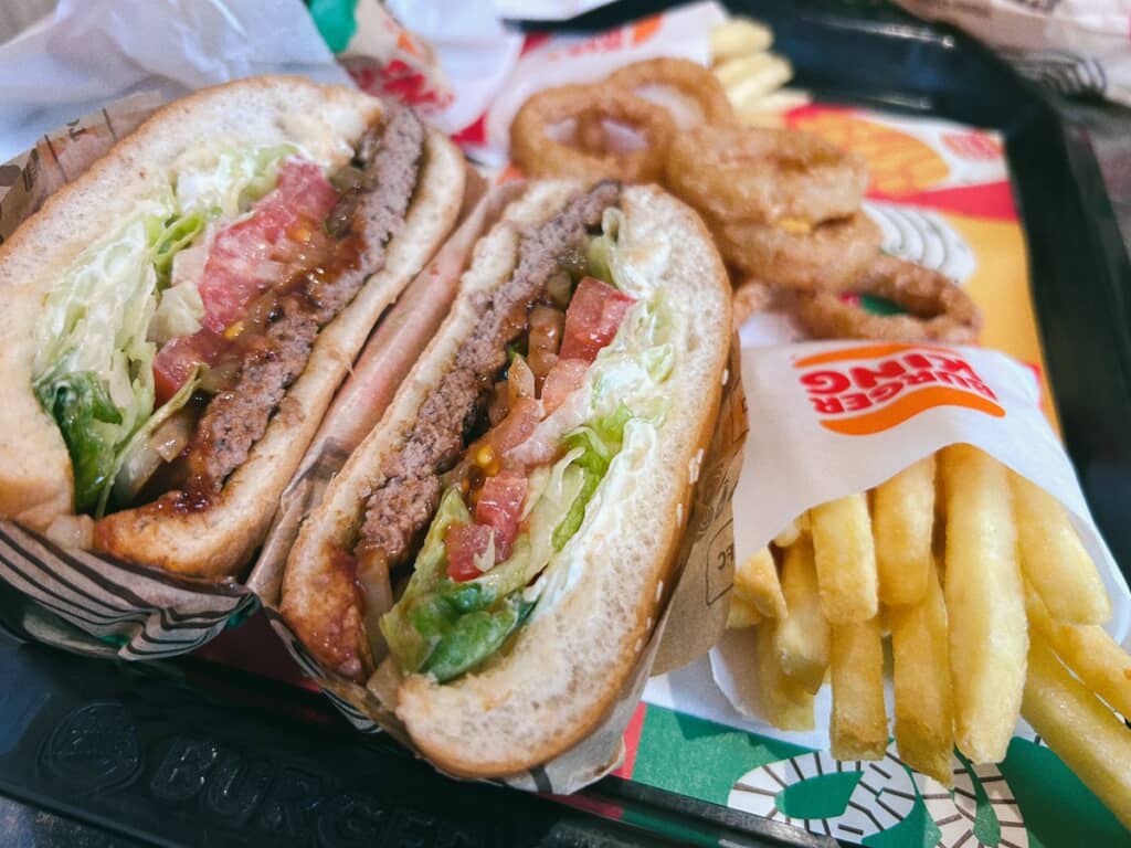 フライドポテトやオニオンリングと一緒に出てきたハーフカットされているバーガー