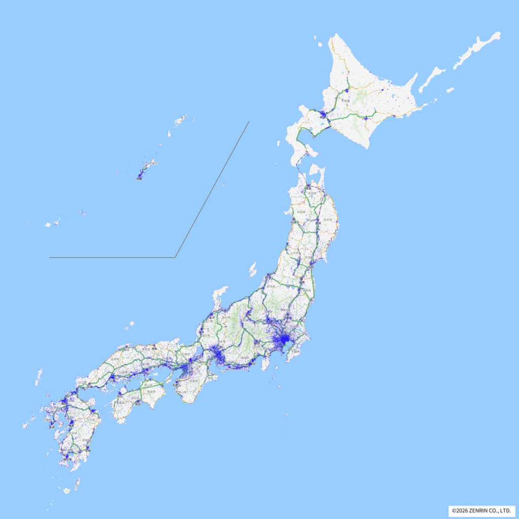 青い点は人口密集地に多いようで、よく見ると離島などにも多いのがヒント