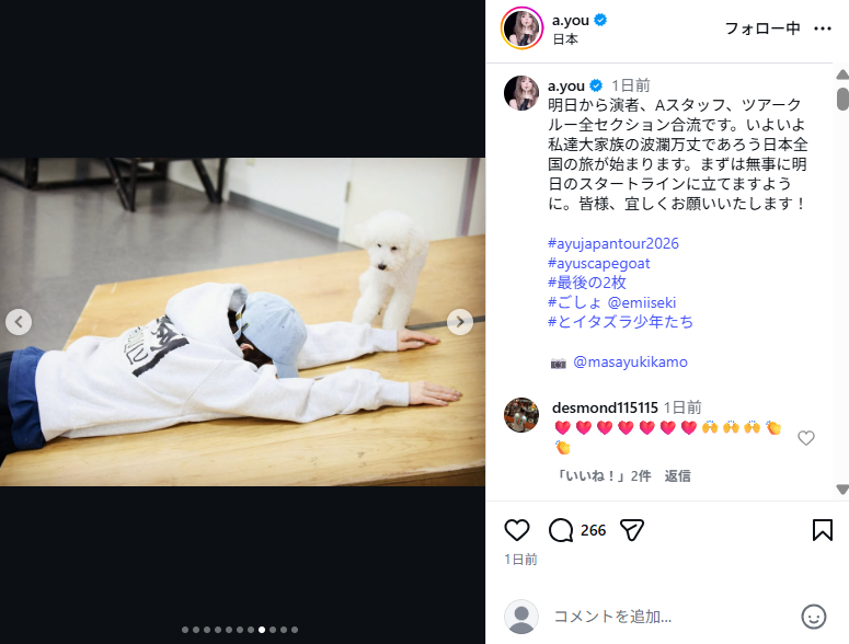 傍らには愛犬が寄り添う（画像は浜崎あゆみInstagramから）