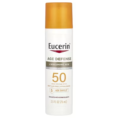 Eucerin, エイジディフェンス、軽いつけ心地の日焼け止めローション、顔用、SPF数値50、無香料、75ml（2.5液量オンス）