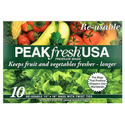PEAKfresh USA, 野菜・果物用バッグ、再利用可, 10 - 12インチ x 16インチバッグ, 口止めひも付き