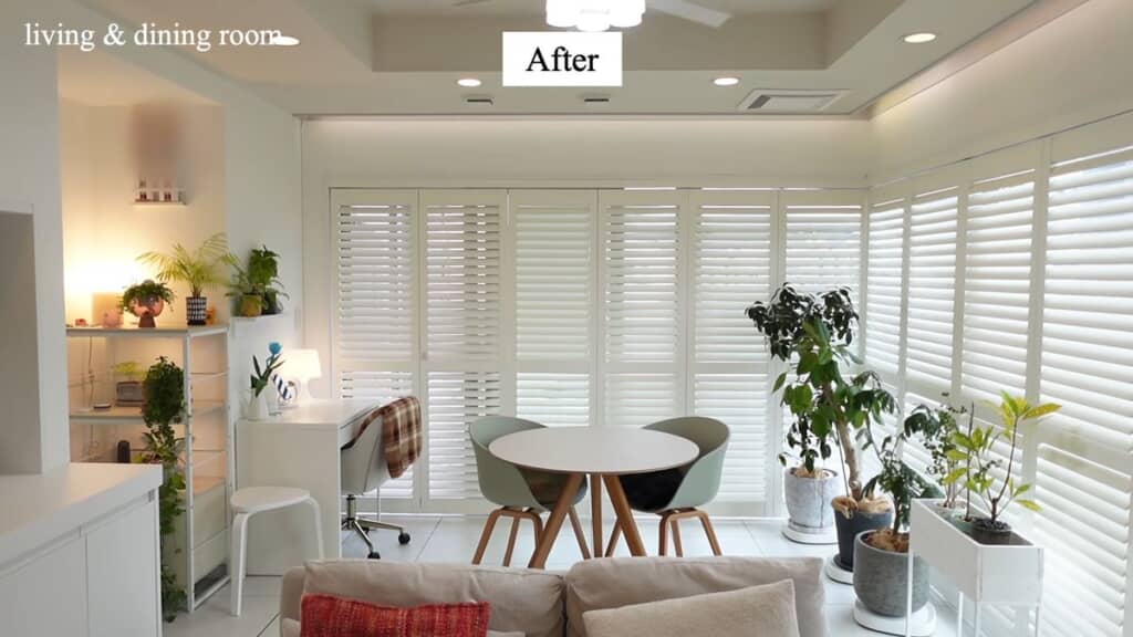 照明とウッドシャッターを追加し壁を塗り替えたリビング