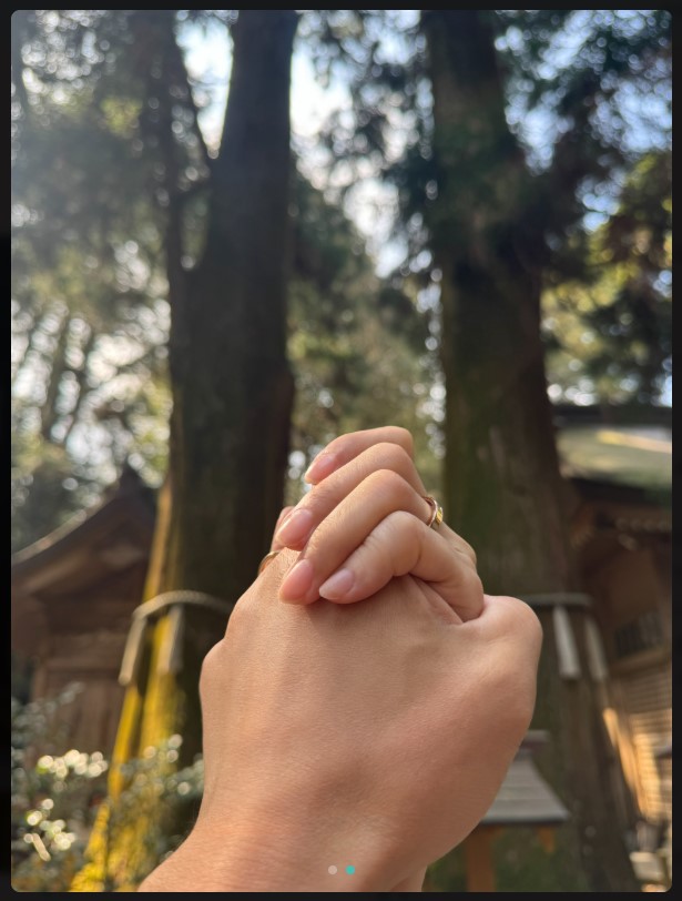 高千穂神社の夫婦杉の前で手をつなぐ内田有紀と柏原崇