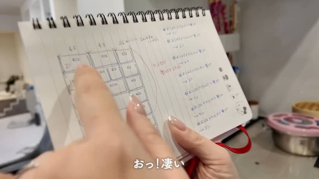 妻が紙に描いた収納棚の図